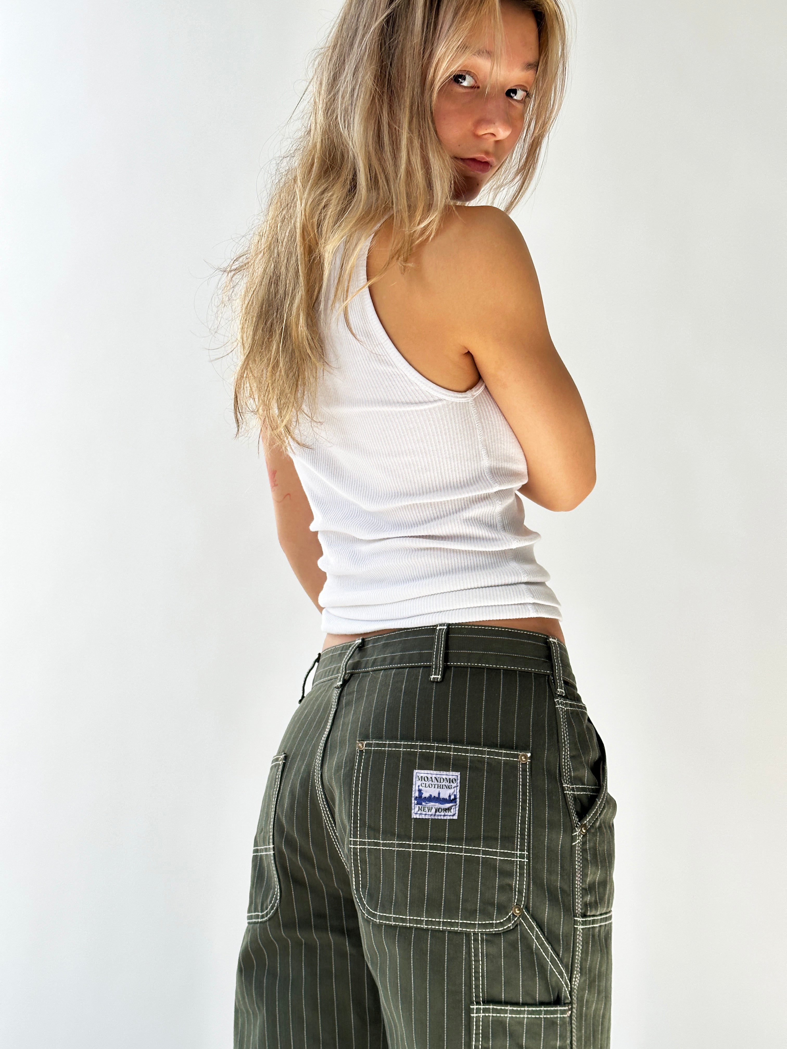 Pinstripe-Double Knee Pants Dark Green